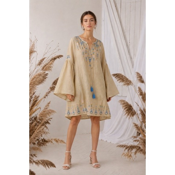 Svitlaya Dresses & Skirts - Svitlaya Embroidered Linen Tunic Dress Tan Blue Tassel Bell Sleeve L